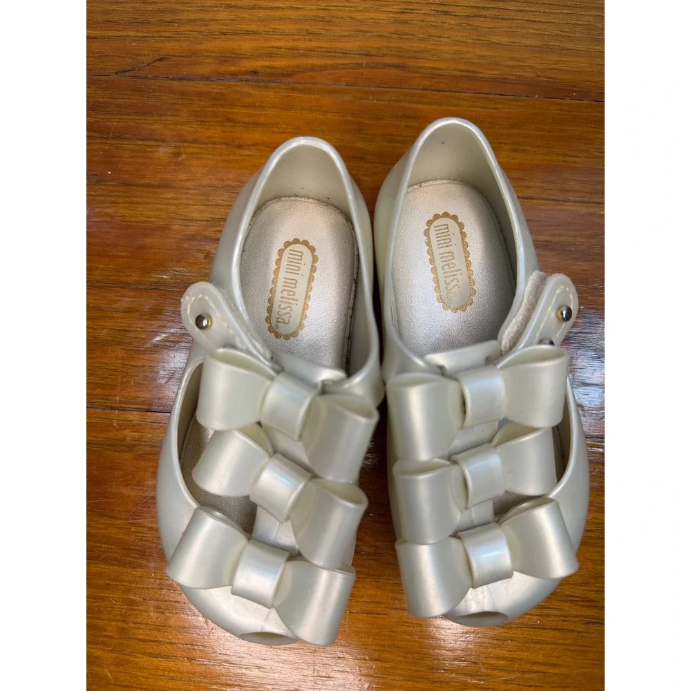Mini Melissa Ultragirl Triple Bow Jelly Mary Jane Shoes Pearlescent White Size 7